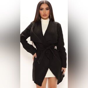 Fashion nova
Manhattan open front draped Coat. Elegant Black Coat